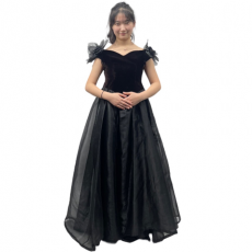 블랙숄더플라워드레스